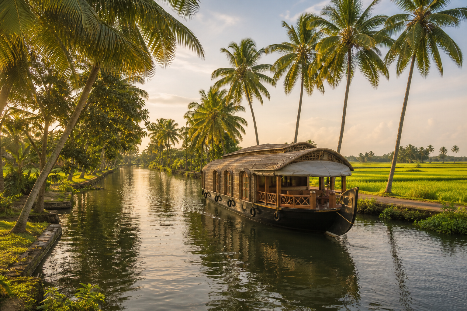 A Kerala houseboat travelling through the Alappuzha backwaters