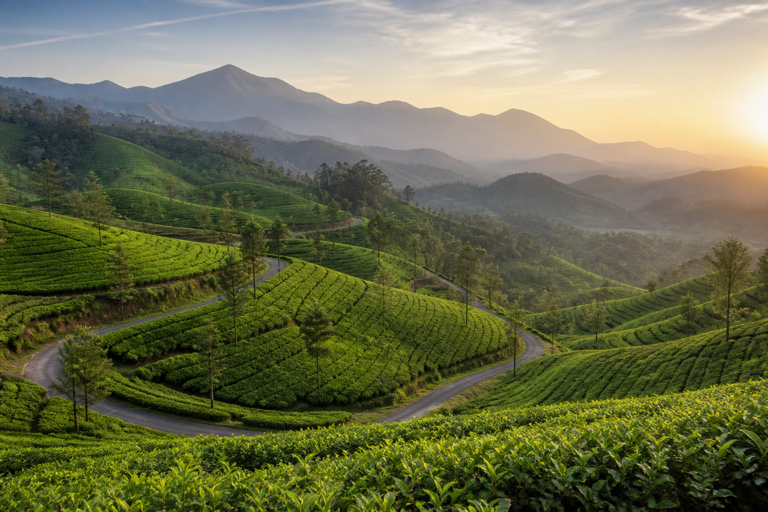Munnar tea plantations and a winding Western Ghats road