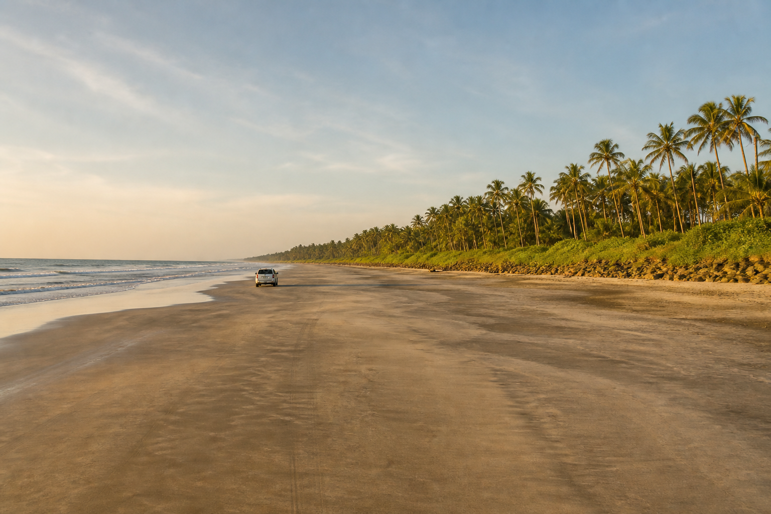 The long palm-lined drive-in beach at Muzhappilangad