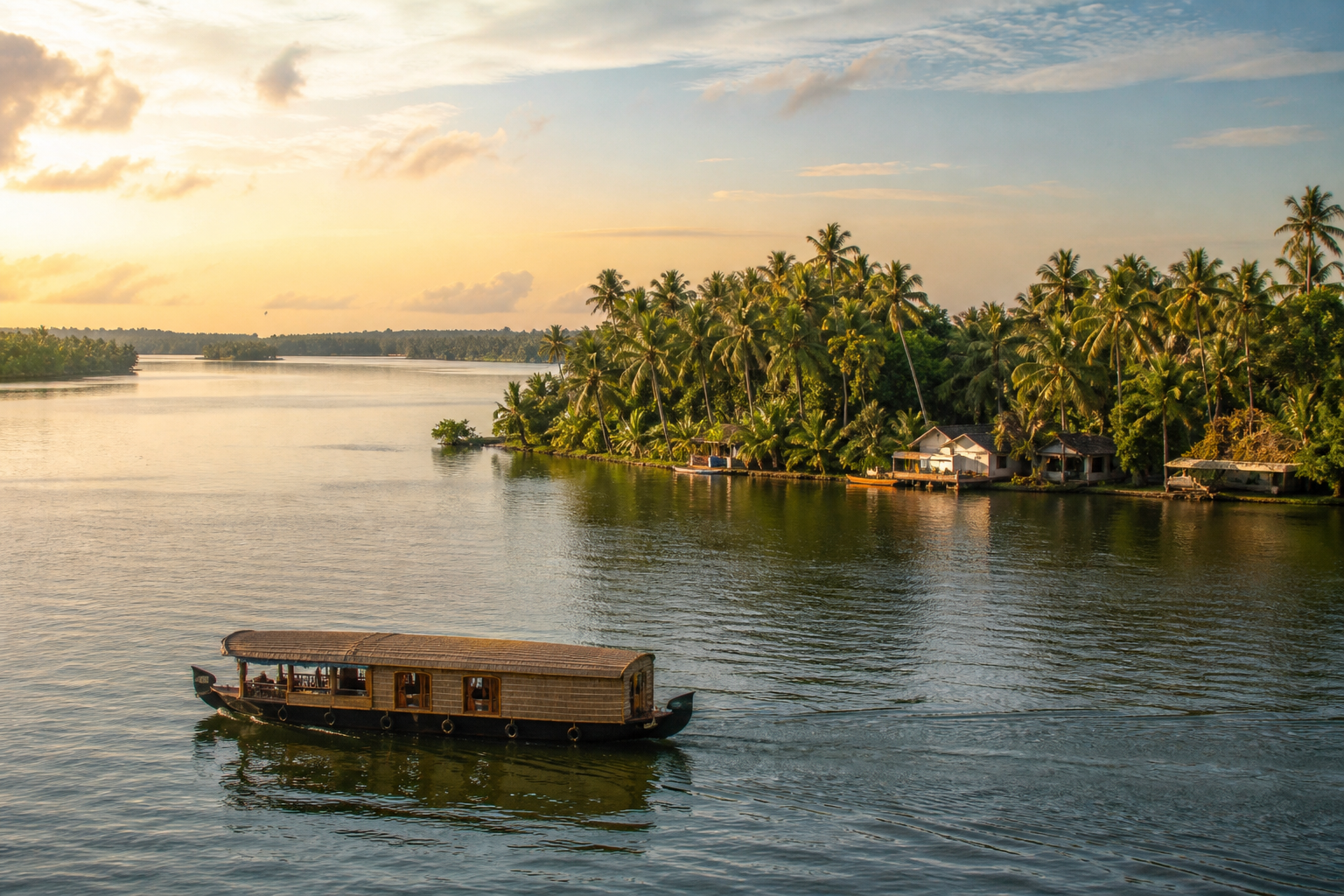 A traditional boat crossing Ashtamudi Lake beside coconut palms