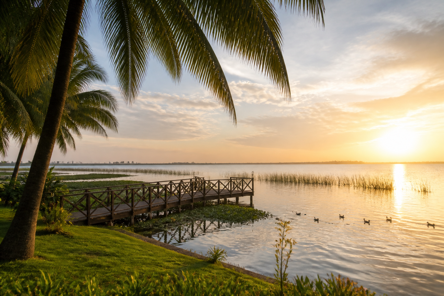 Kumarakom waterfront at sunrise on Vembanad Lake