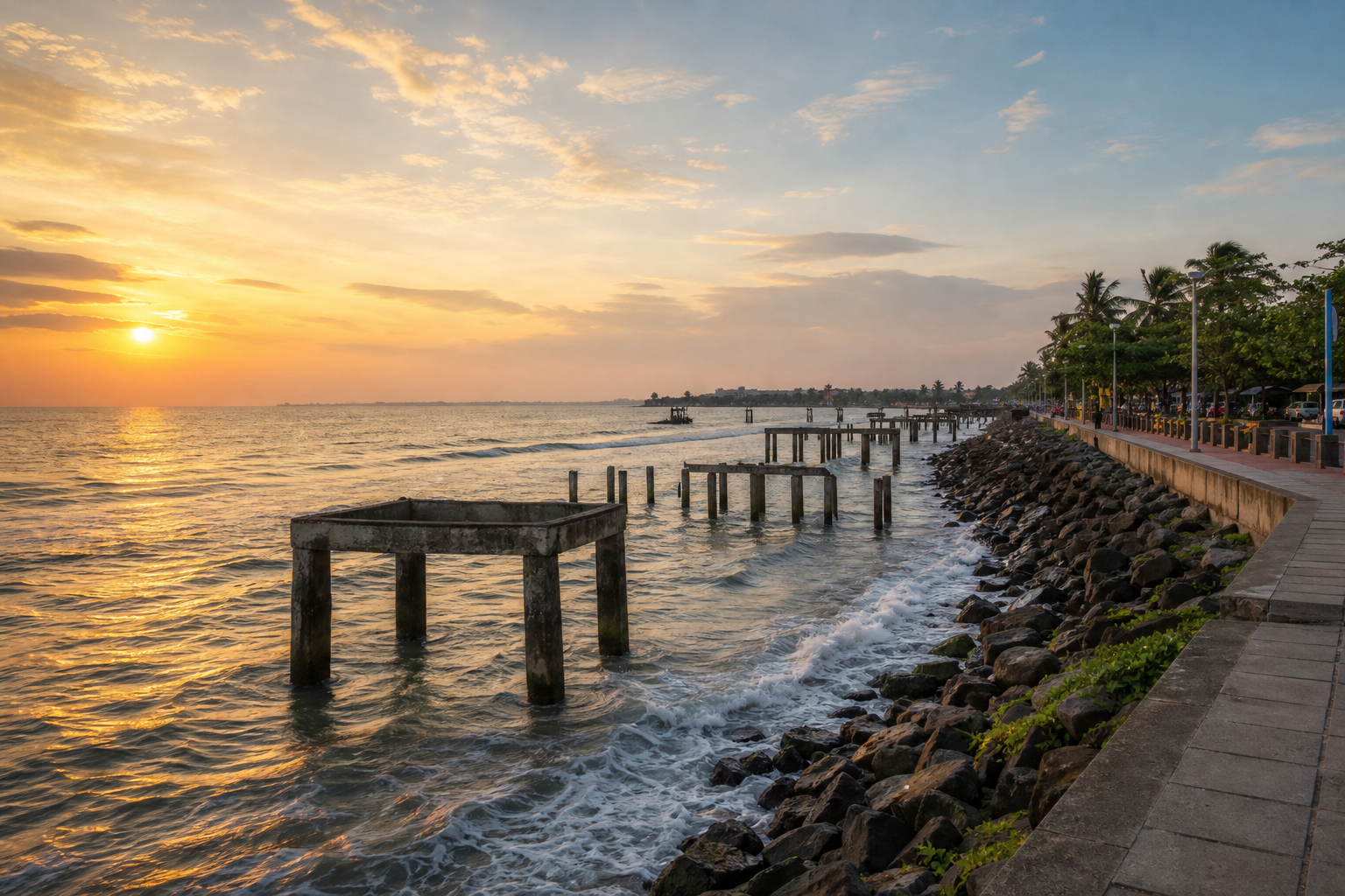 Kozhikode Beach promenade and historic sea piers at sunset