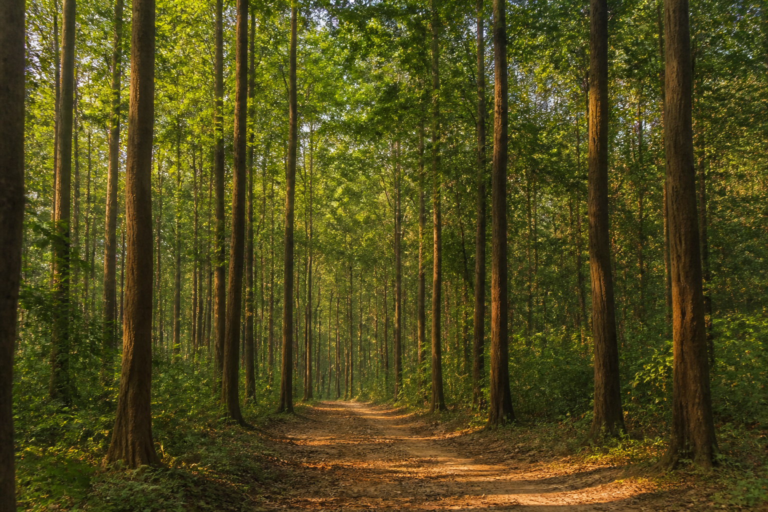 A sunlit path through the Nilambur teak forest