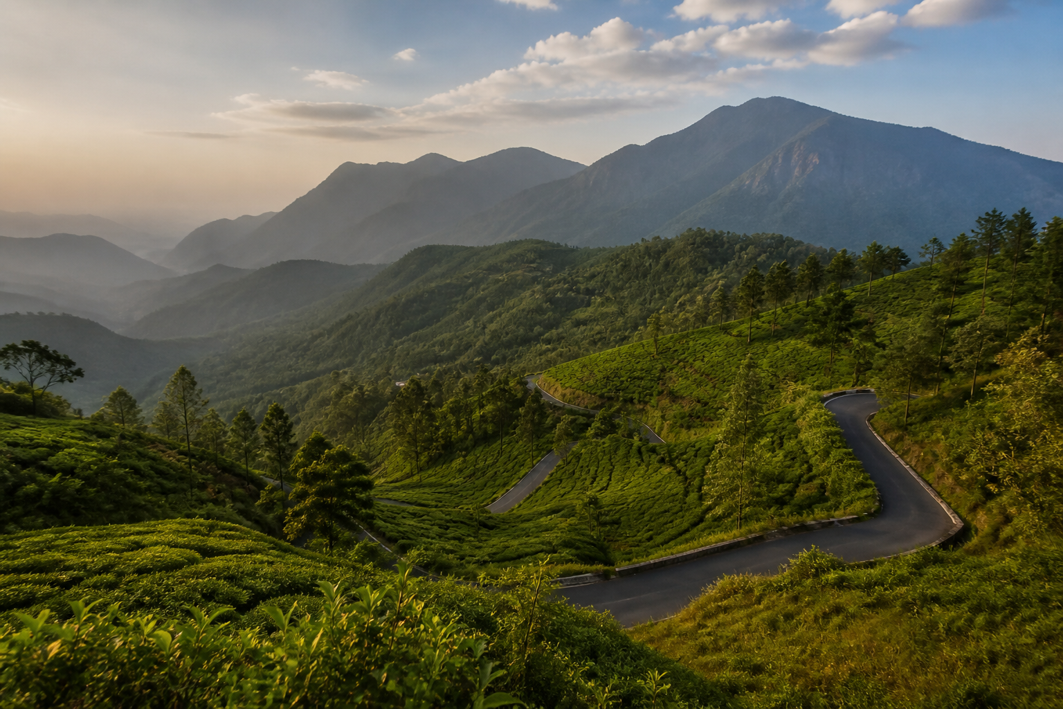 Nelliyampathy hills and a winding plantation road