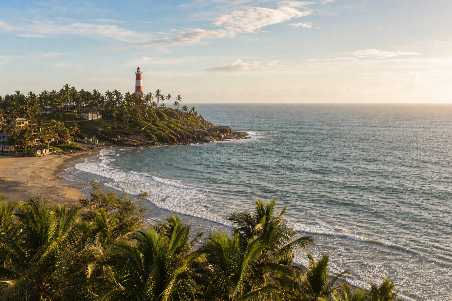 Kovalam beach and lighthouse on Kerala's palm-lined Arabian Sea coast