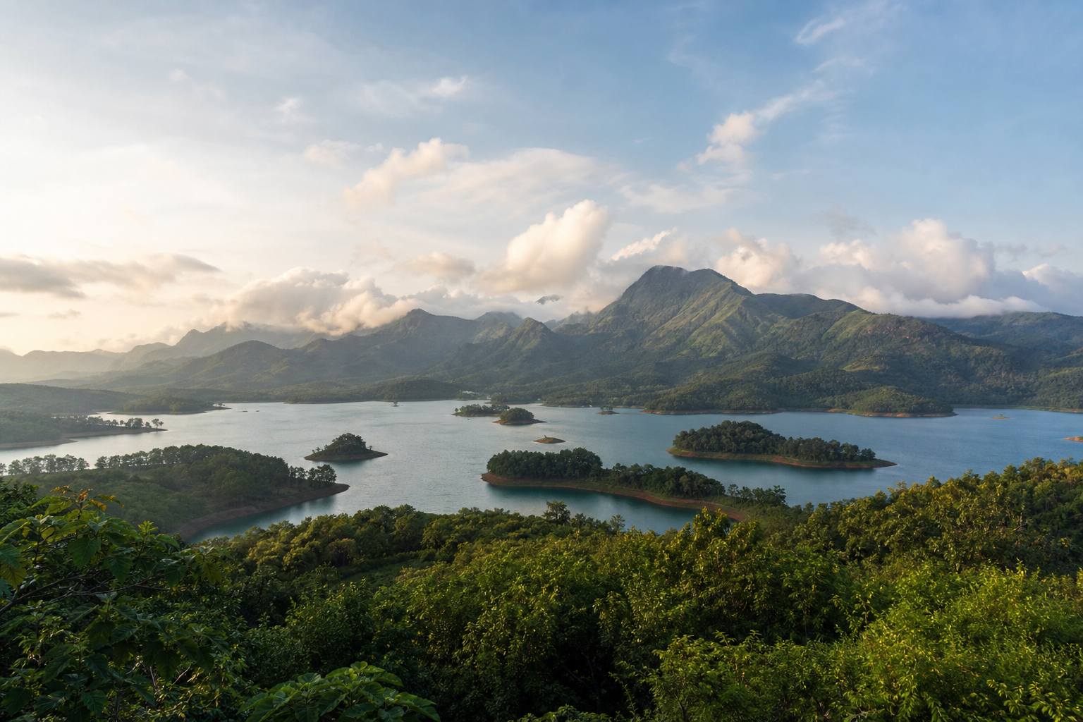 Banasura Sagar reservoir and misty Wayanad mountains