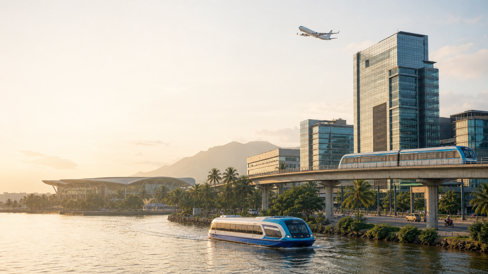 Modern Kerala infrastructure connecting offices, metro, airport and water transport