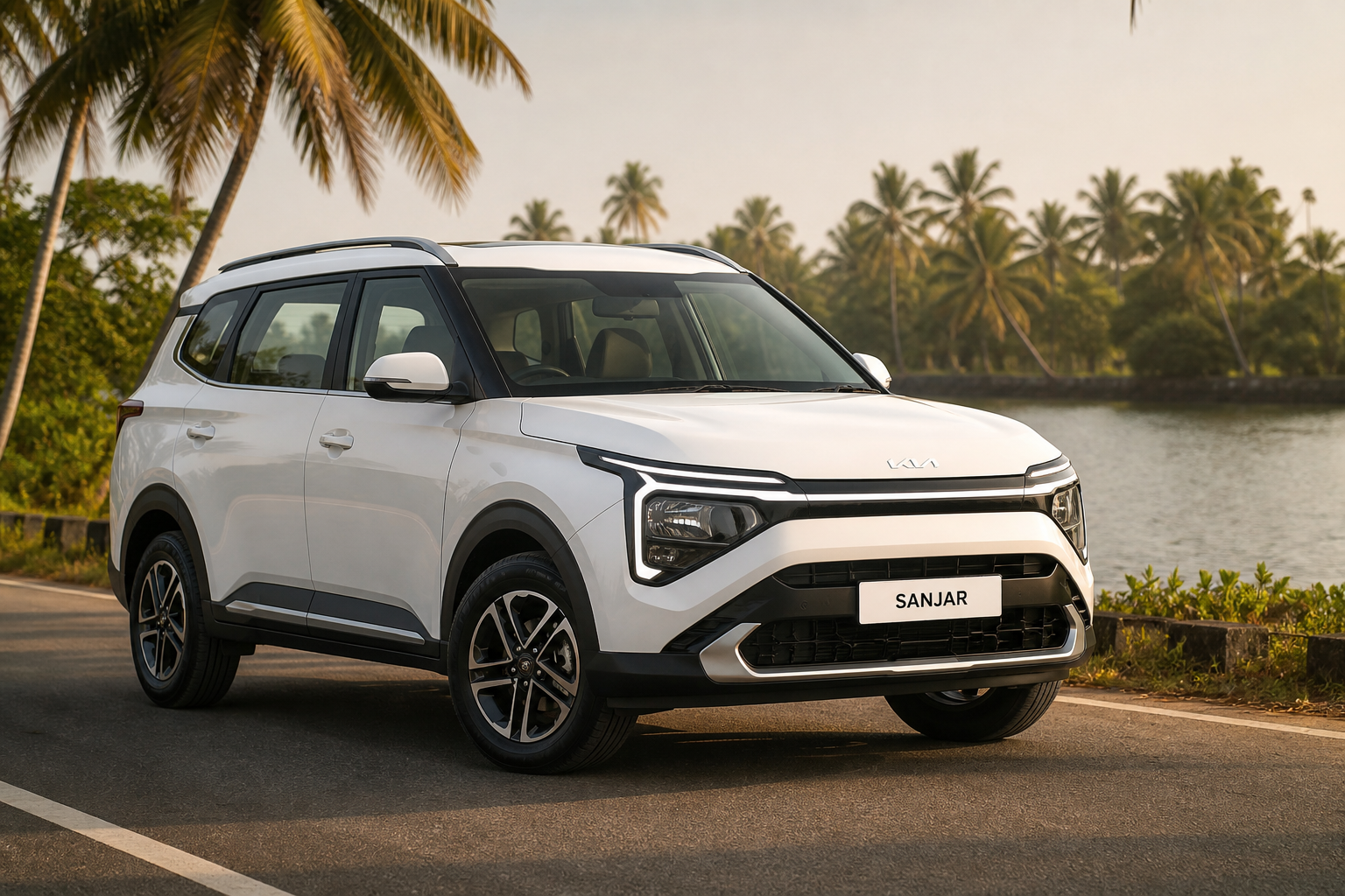 White Kia Carens on a Kerala backwater road