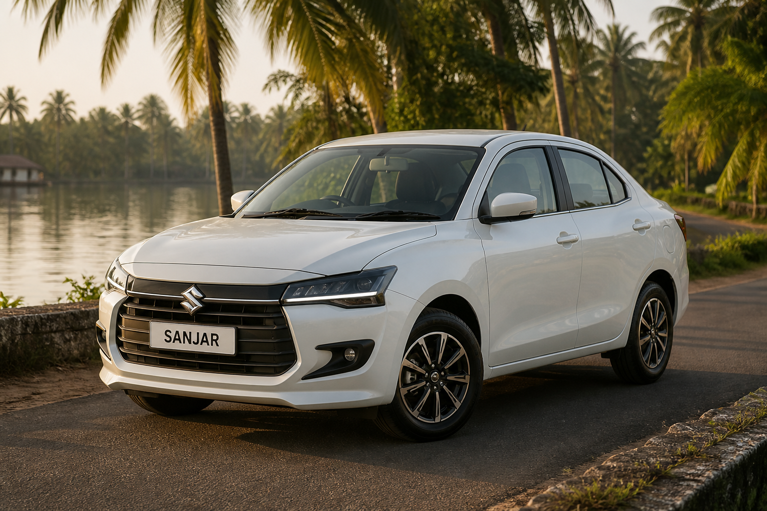 White Maruti Suzuki Dzire on a Kerala backwater road