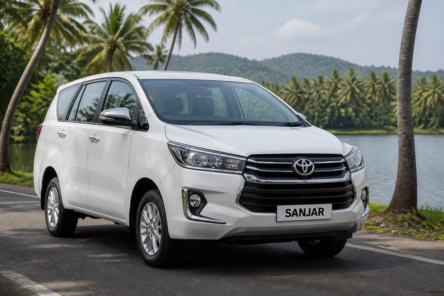 White Toyota Innova Crysta on a Kerala backwater road