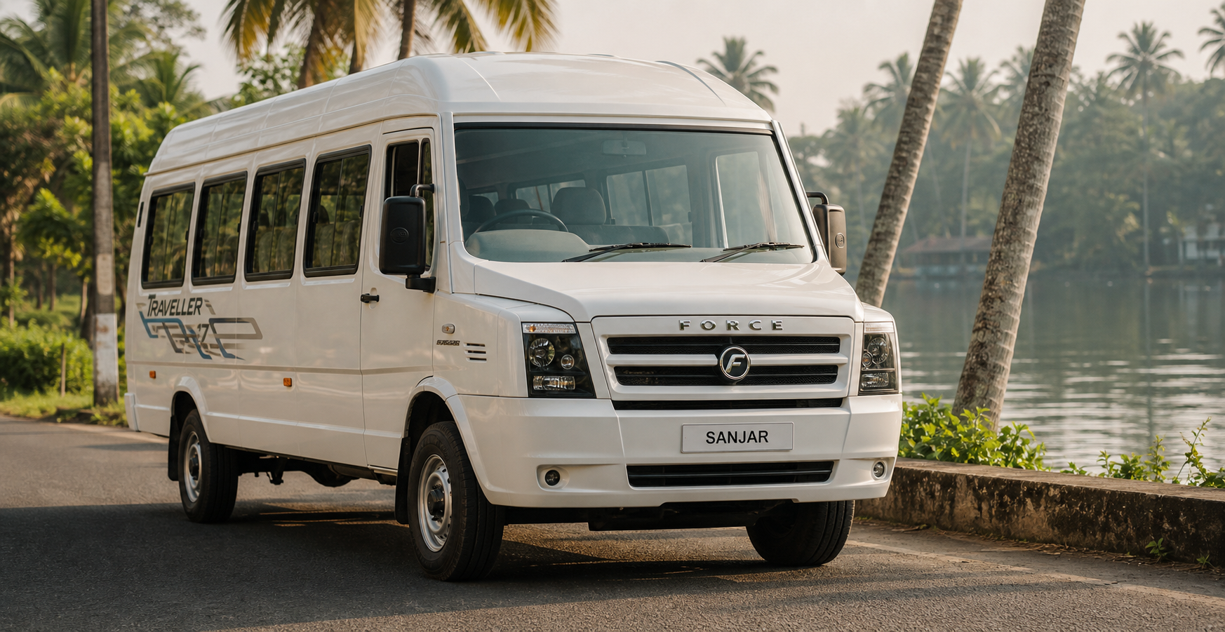 White Force Traveller on a Kerala backwater road