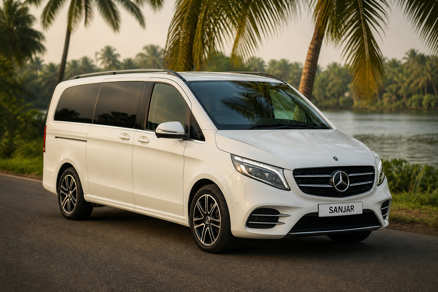 White Mercedes-Benz V-Class on a Kerala backwater road