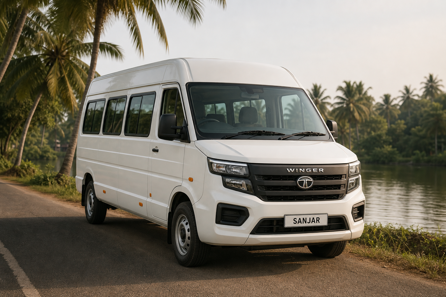 White Tata Winger on a Kerala backwater road