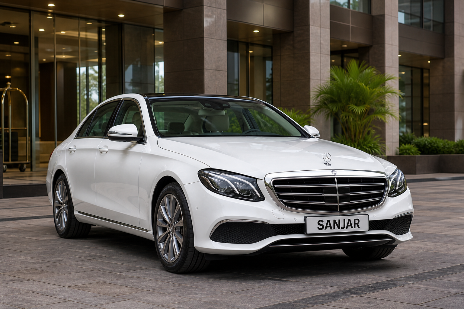 A white Mercedes-Benz E-Class at an executive hotel