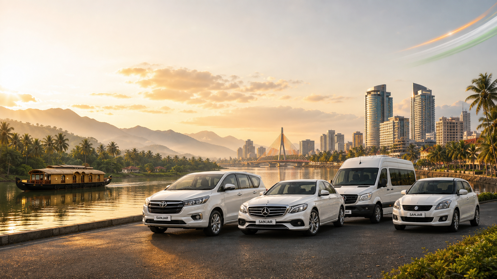 A premium white Sanjar fleet beside Kerala backwaters and a modern tropical waterfront